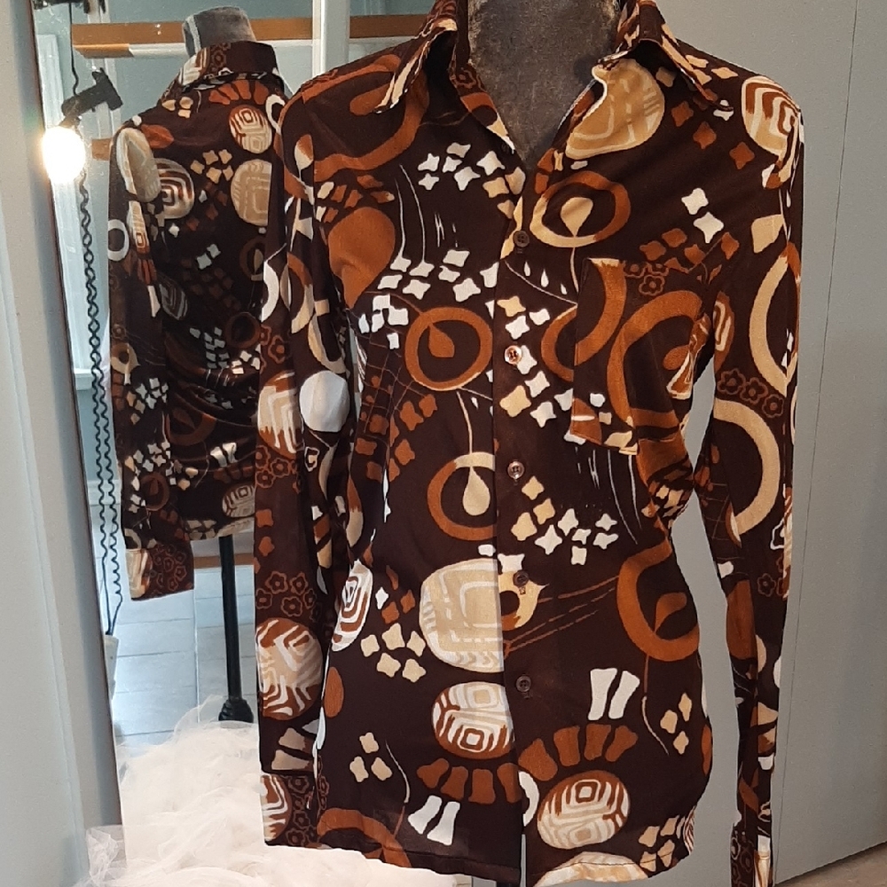 70's☮PAULO CONTI "Mod"VINTAGE Rust & Brown Printed Button-Down MEN'S Shirt Sz M - Picture 2 of 10